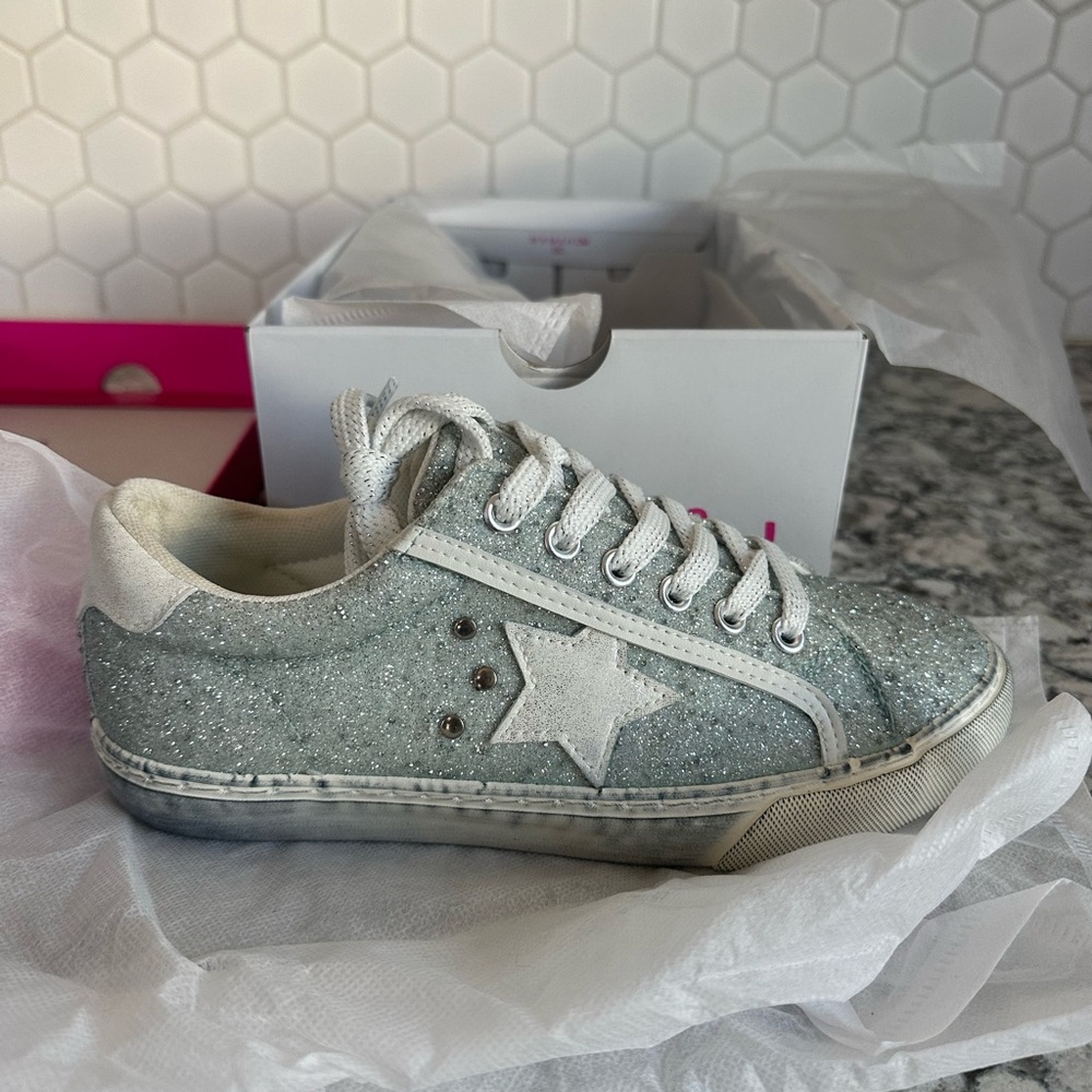 Corkys Glitter Star Sneakers - Silver Blue, and White